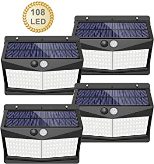 【108 LED - 3 Modos】Luz solar exterior- SEZAC Luces de seguridad solar Luces de sensor de movimiento solar Impermeable 65 Luces al aire libre para jardin Cerca de garaje (paquete de 4)
