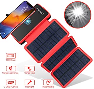 Cargador de Solar 20000Mah-Inalámbrico PowerBank Portátil de POWOBEST-Impermeable Batería Externa con 3 Paneles Solares Plegables- Linterna- Dual USB 5V-2.1A para iPhone-Huawei y Móvil