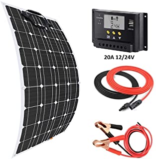 Giosolar - Kit de Cargador de Panel Solar Flexible de 100 W + Controlador Solar LCD de 20 A + Cable Solar de 5 m + Cable de batería de 3 m para Barcos- autocaravanas- Sistemas Fuera de la Red