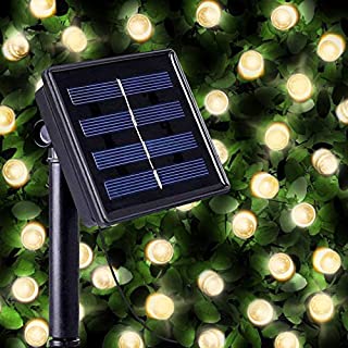 Guirnaldas Solares Luminosas de 100 LEDs de Color Blanco Cálido - Iluminación a base de energía solar para exteriores a prueba de agua - Lámpara de jardín-luz externa solar con sensor nocturno incorporado- cuerdas y picos de tierra – Luces de Hada alimentadas por energía solar para Navidad- para exteriores- cercas- Patio- Vallas- Terraza- Pasarela- Barreras- Entradas- Garaje- Cobertizo- Adornos- Pasillos- Bordes- Sendas- y como Decoración