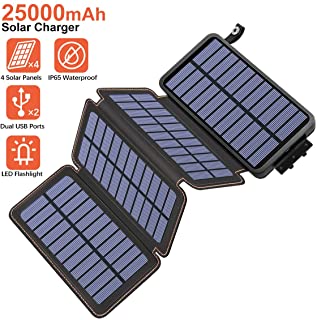 Hiluckey Cargador Solar 25000mAh- Portátil Power Bank con 4 Paneles Solar 2 USB 2.1A Output Impermeabl Batería Externa para iPhone- iPad- Samsung- Smartphone