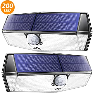 LITOM 200 Leds Luz Solar de Exterior- Impermeable IP67- Lampara Solar de 3-8M Detección- 270° Ángulo de Iluminación- PIR Sensor de Movimiento-Fácil de Instalar