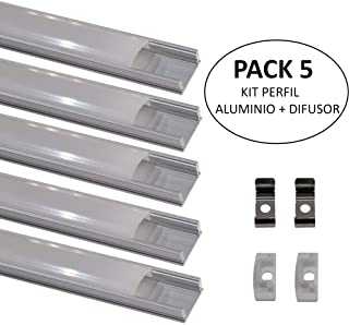 Led Atomant 5 x1 Perfil de Aluminio para Tira de Led con Cubierta Blanca Lechosa- Tapones de Los Extremos y Clips de Montaje de Metal Incluidos- 5 metros- 5