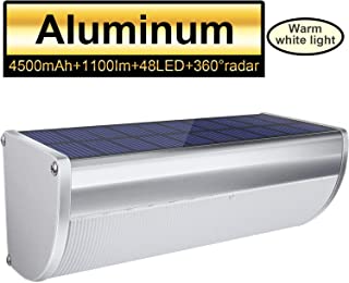 Licwshi Luz Solar Exterior 48 LED de Aleación de Aluminio Focos LED Solares con Sensor de Movimiento Impermeable Inalámbrico Lámpara Solar 4 Modos Inteligentes para Jardín- Garaje- Blanco Cálido