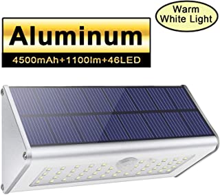 Luces de pared solar de seguridad al aire libre- Licwshi 1100lm 46 LED 4500mAh Aleación de aluminio de plata Sensor de movimiento infrarrojo para jardín- calle- valla- Luz blanca cálida