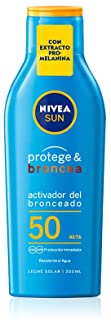 NIVEA SUN Protege & Broncea Leche Solar Activadora del Bronceado FP50 (1 x 200 ml)- potenciador del bronceado resistente al agua- protección solar alta