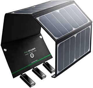 RAVPower Cargador Solar Portátil De 24 W con 3 Puertos USB iSmart 21.5 – 23.5- Conversión Energía Solar- Chip Smart IC- Plegable- Impermeable- 2 Cables Micro USB
