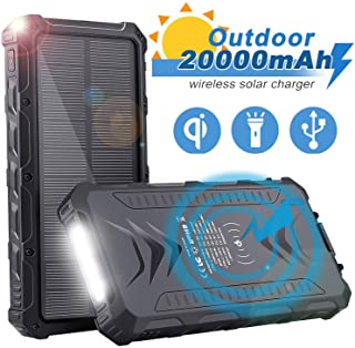 Sendowtek Batería Externa Solar 20000mAh- Batería Portátil Solar Power Bank con Cargador USB-USB C-Qi Wireles para Smartphone Tablet PC- Linterna SOS para Viajes de Campamento