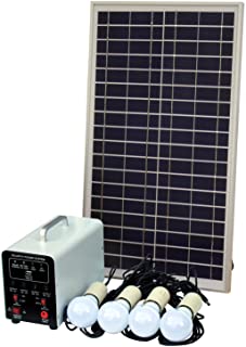 Sistema de iluminación solar (de 25 W con 4 luces LED de 5 W- panel solar- batería y cables- kit completo de iluminación solar para cobertizo- garaje- exterior- establos- barniz- vehículo o barco)