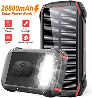 Solar PowerBank 26800mAh Cargador Solar- QI Carga inalámbrico- batería Externa de 4 Puertos (USB-QI)- Carga rápida 3.1A Tipo C para Tabletas- Teléfono móvil- Linterna LED 18 para Viajes de Campamento