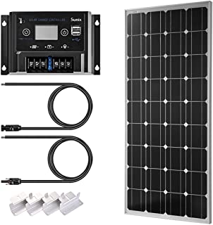Sunix 100W 12V Panel Solar monocristalino- Controlador de Carga de 10A con Fusible de batería- Ideal para Caravana- jardín häuse- con Conectores MC4 + Soportes de Montaje para Sistema de batería