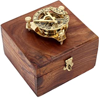 Tempelwelt Reloj Solar Antiguo con Brújula- Cronómetro de Latón- en Caja de Madera- con Instrucciones- Aguja de Brújula Regulable