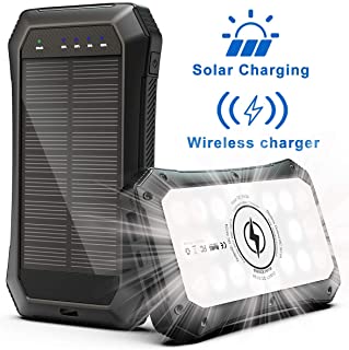 ABFOCE Solar PowerBank 10000mAh Cargador Solar- QI Carga inalambrica- Bateria Externa Portatil de Carga 3 Rapida Linterna Panel LED 20 para para Tabletas- Telefono movil- Viajes ES986S