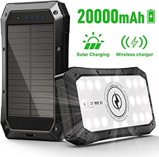 ABFOCE Solar PowerBank 20000mAh Cargador- 10W Qi Carga Inalambrica- Bateria Externa de Carga 3 Salida 5V-3A Tipo C Carga Rapida con Linterna 20 LED Panel para Viajes