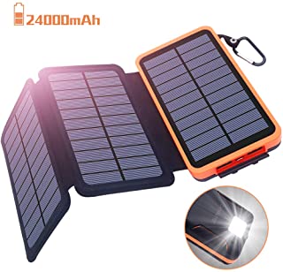 Bateria Externa 24000mAh Cargador Solar- Power Bank solar - 2 Entradas (3 Paneles Solares y USB) 2 Puertos USB de Salida 2.1A- Lampara y Gancho LED- Compatible con iPhone- iPad- Samsung y otros
