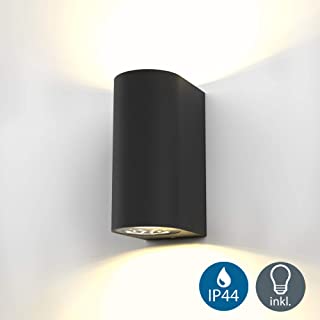 B.K.Licht - Aplique de pared con bombillas GU10 LED para interiores y exteriores de luz blanca calida- con indice de proteccion IP44- 2 x 5 W- 800 lumenes- 3000K- color negro