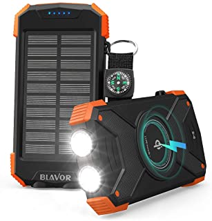 BLAVOR Cargador Solar Movil 10000mAh Bateria Externa Portatil Qi Power Bank Tipo C Puerto de Entrada Linterna Dual- Brujula- A Prueba de Salpicaduras- DC5V - 2.1A (Naranja-10000mAh)