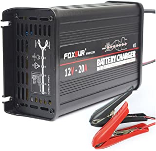 FOXSUR 12V 20A Cargador de bateria inteligente de 7 etapas- Gel acido de plomo Cargador de bateria AGM humedo- Cargador de bateria de coche- Cargador de pulso para caja de aluminio (12V 20A)