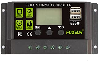 FOXSUR Controlador de carga solar actualizado 10A PWM Regulador de cargador solar 12V 24V Pantalla LCD automatica con ajuste de temporizador de carga de salida dual USB 5V (12V 24V 10A)