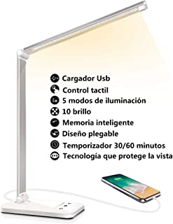 Lampara Escritorio LED- Flexo de Escritorio (Cuidado Ocular- Puerto USB- 5 Modos-10 Niveles de Brillo-Temporizador de 30-60min- Funcion de Memoria)
