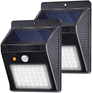 Lampara Solar- Luces Solares LED Exterior 120° Sensor de Movimiento 35LED 500lm Foco Solar IP65 Impermeable con 3 Modos Inteligentes para Jardin- Patio- Camino- Escalera (2 Pack- Blanco Frio 6000K)