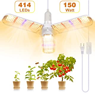 Lamparas LED Cultivo- SINJIALight150W E27 LED LED Plantas con 3 Alas- Angulo Ajustable 414 LEDs Grow Light de Espectro Completo con Cable de Alimentacion- para Todas las Etapas de Crecimiento