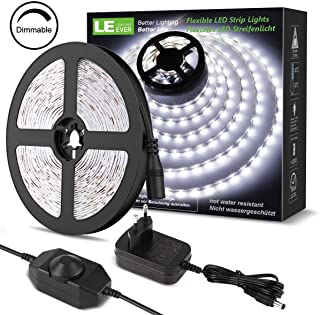LE LED Luces de Tiras Regulables- 5M 1200lm- Blanco Frio 6000K- 300 LEDs- Enchufe en la tira de luz para gabinete- armario y mas- Incluido Fuente de alimentacion de 12V y regulador de intensidad