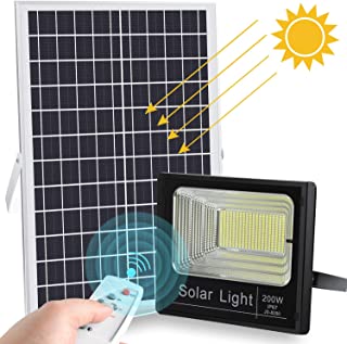 LEDMO LED Luz Solar Exterior 200W con Control Remoto 8M Foco Led Solar Jardin 6500K IP67 Impermeable Encendido-Apagado Inteligente 400 Leds El area iluminada es de aproximadamente 350 m²