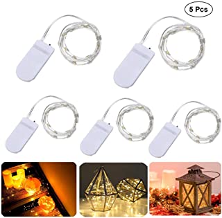 LEDMOMO 5pcs con Pilas 10 Leds Fairy String Light 1M Silver Copper Wire Mini lampara para Vacaciones de Navidad Banquete de Boda (luz Blanca calida- Pilas de boton Incluidas)