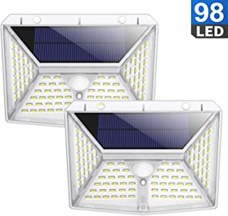 Luz Solar Exterior- QTshine Foco Solar con Sensor de Movimiento y 270º Iluminacion de Multifuncional- Lampara Solar Impermeable con 3 Modos para Jardin- Garaje- Entrada [2 Piezas]