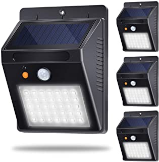 Luz Solar Jardin- Lampara Solar Exteriors 35LED 500lm 120°Sensor de Movimiento Luces Solares IP65 Impermeable con 3 Modos Inteligentes para Jardin- Patio- Camino- Escalera (4 Pack- Blanco Frio 6000K)