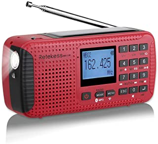 Retekess HR11W Radio Am FM Portatil Pequena Radio Solar Manivela Recargable Camping de Emergencia Radio con Linterna SOS Alarma Bluetooth Reloj Despertador Grabador （Rojo）