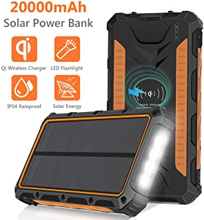 Sendowtek Cargador Solar 20000mAh- Qi Wireless Power Bank Portatil Bateria Externa- 3 Puertos de Salida 4 Linternas LED- IP54 a Prueba de Lluvia para Acampar- Actividades al Aire Libre - Naranja