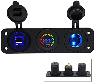 TurnRaise 2.1A 2 Puertos USB Cargador + Color LED Voltimetro Digital + 12V-24V Encendedor Enchufe 3 Agujeros Panel para Coche Moto Barco (3 en 1)