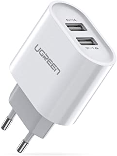 UGREEN Cargador USB Pared con Dos USB Puertos 5V 2.4A y 5V 1A Enchufe Multipuerto Europeo para iPhone XR- XS- X- 8- Samsung Galaxy A70- S7- J6- Xiami Redmi Note 7- Note 6 Pro- Huawei P10 Lite