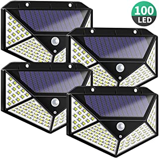 【100 LED】Luz Solar Exterior- Foco Solar con Sensor de Movimiento Gran Ángulo 270º Impermeable Inalámbrico Lámpara Solar 3 Modos Inteligentes para Jardín- Garaje 4-Paquete